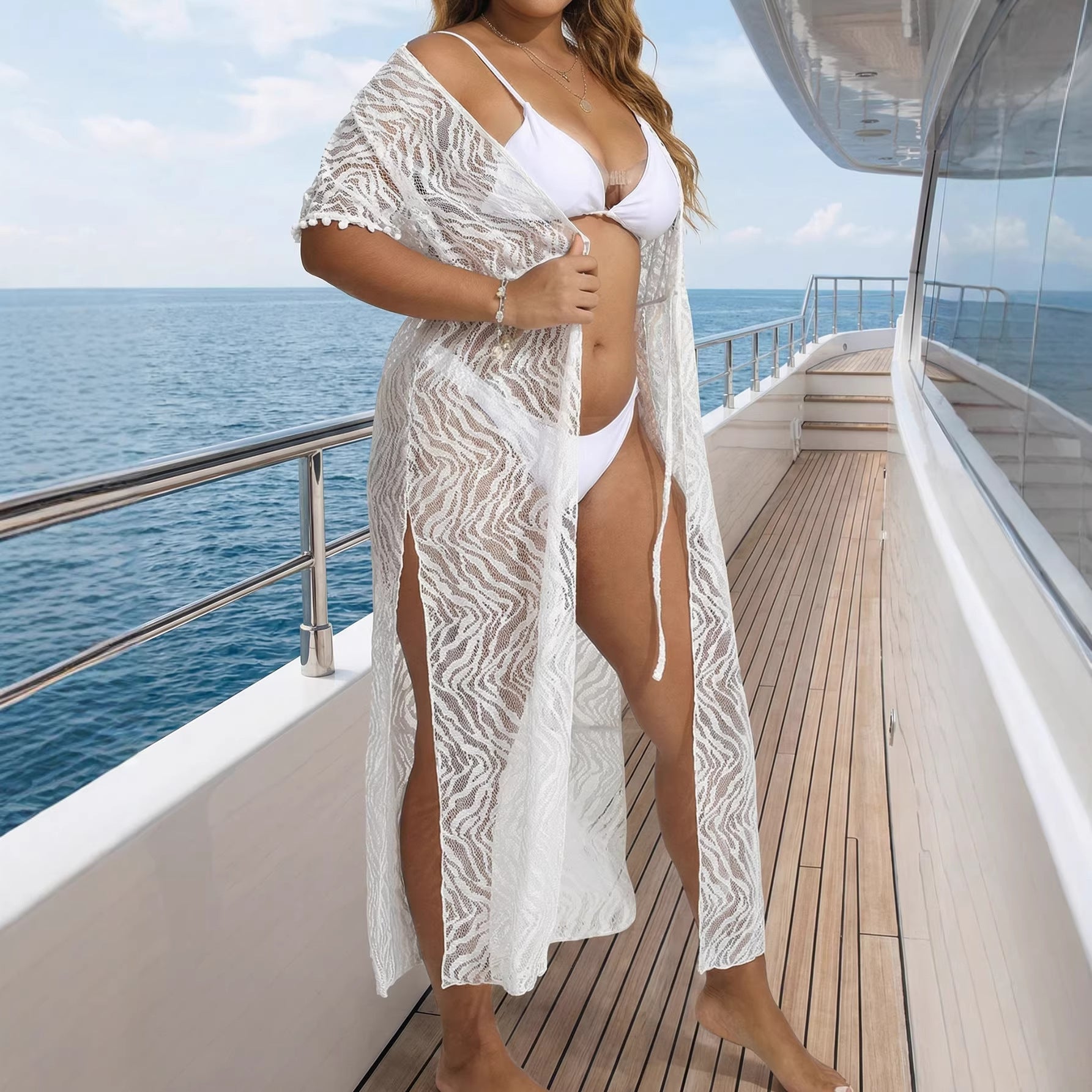 Abrigo de mujer Ropa de mujer Sexy escote pronunciado transparente encaje cintura adornada con cordones para playa Pareo con abertura