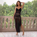 Summer V neck Dress Women Sexy See through Gauze Stitching High Slit Maxi Dress PartyPart