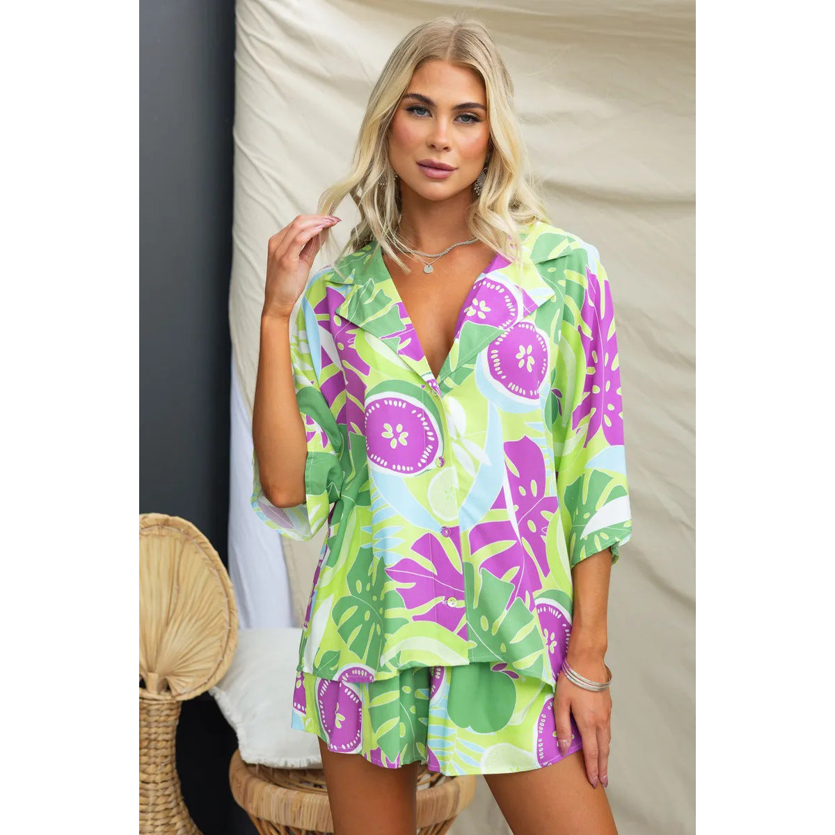 Spring Summer Polo Collar Casual Multi Color Suit Loose Vacation Elastic Waist Two Piece Set Oyrina
