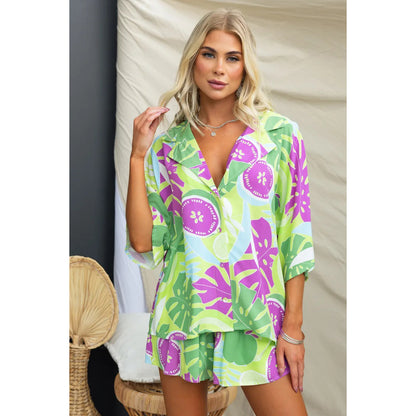 Spring Summer Polo Collar Casual Multi Color Suit Loose Vacation Elastic Waist Two Piece Set Oyrina