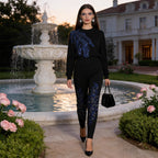 Autumn Winter Elegant Sequ round Neck Long Sleeve Leg Shaping Two Piece Slim Slimming Casual Set for Women Sailfish