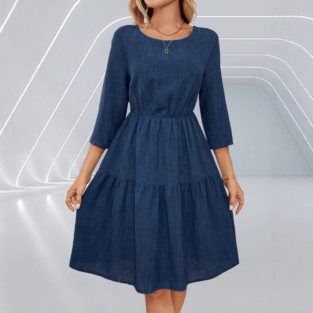 Spring Summer Women Tight Waist 3/4 Sleeve round Neck Dress AIYOYA