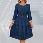 Spring Summer Women Tight Waist 3/4 Sleeve round Neck Dress AIYOYA