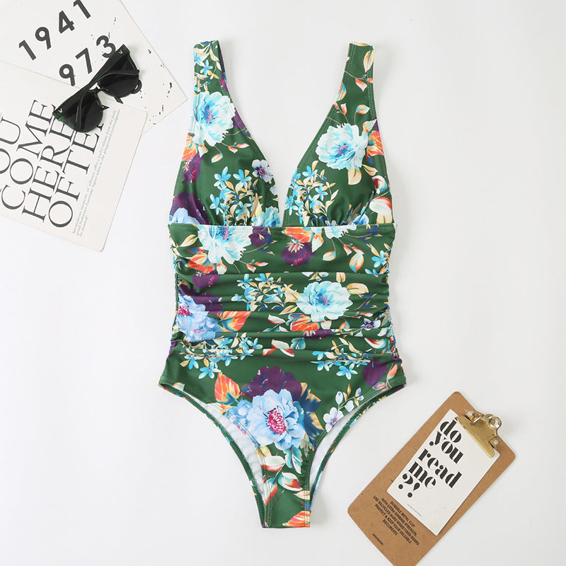 Traje de baño de una pieza para mujer, de cintura alta, triangular, estampado multicolor, estilo conservador doméstico.