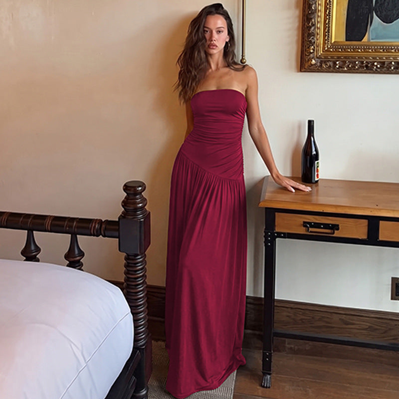 Women Clothing Summer Solid Color Tube Top off Neck Sleeveless Cold Shoulder Maxi Dress LEKINS