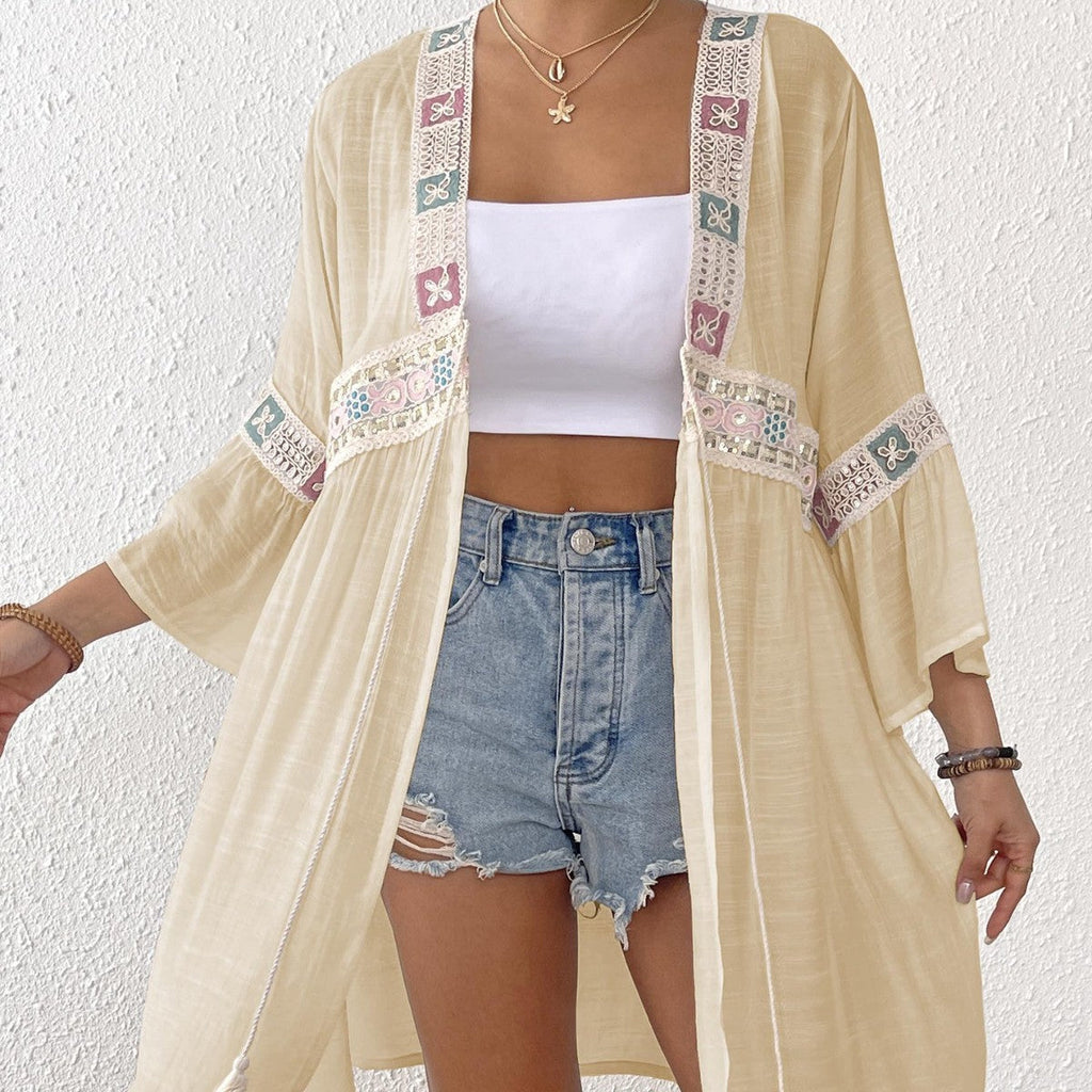 Women Cardigan Bow Women Clothing Sequined Embroidered Lace Stitching Beach Beach Cover Up Oyimi