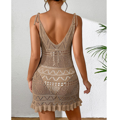 Women Clothing Short Knitted Sling Deep V Plunge See through Sexy Hollow Out Cutout Floral Hem Jumpsuit Knitted Beach Dress Crochet hook