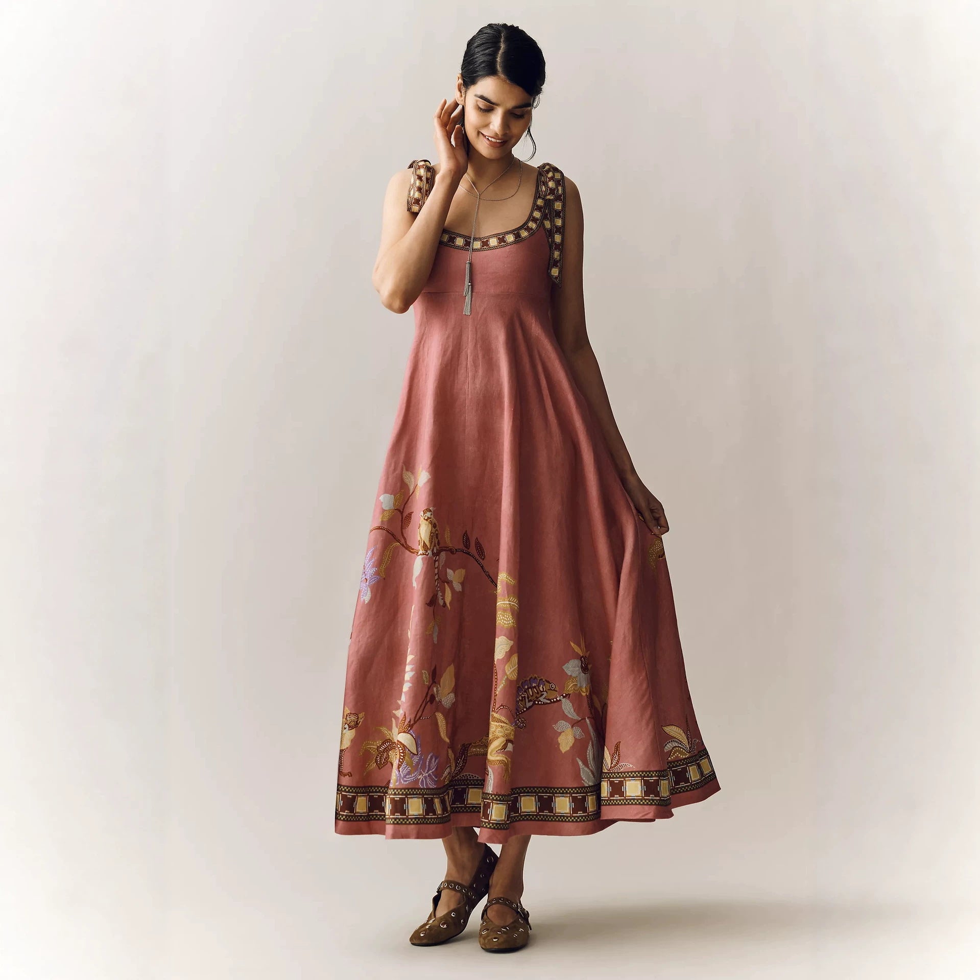Positioning Printing Zipper Lace up Dress Pleated Pocket Dress Oyrina