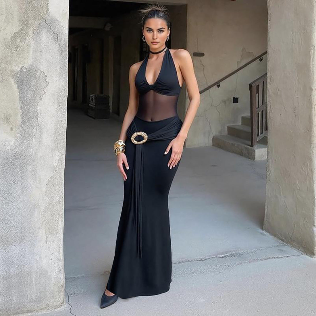 Fall Women Clothing Sexy Mesh Stitching Semi See through Slim Fit Halter Tied Dress Women