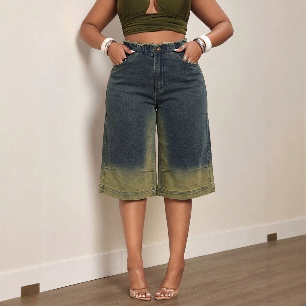 Women Mid Waist Wide Leg High Elastic Contrast Color Denim Pants Summer Loose All Match Cropped Pants YUPENG