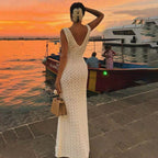 Vestido de verano sexy sin mangas con aberturas, de punto, para playa, sin espalda, de alta calidad para mujer