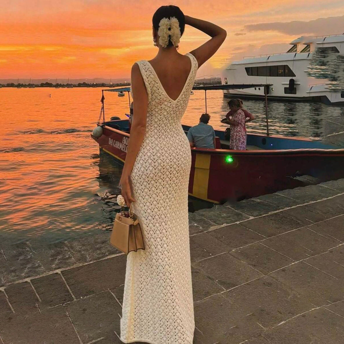 Vestido de verano sexy sin mangas con aberturas, de punto, para playa, sin espalda, de alta calidad para mujer