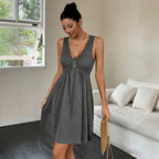 Summer V neck Sleeveless Dress Women Tight Waist Slimming Casual All Match A line Dress Yiskiss