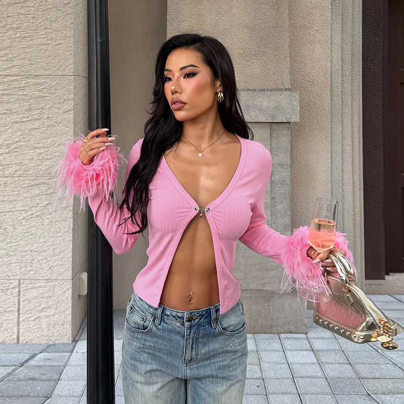 Sexy Deep V Plunge neck Long Sleeve Ostrich Feather Pink Cardigan Autumn Sexy All Match Top FREYA