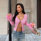 Sexy Deep V Plunge neck Long Sleeve Ostrich Feather Pink Cardigan Autumn Sexy All Match Top FREYA