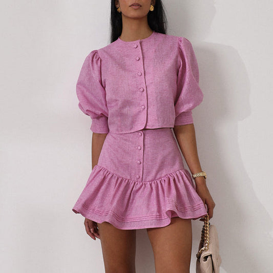 Casual Skirt Outfit Puff Sleeve Short Top Stitching A line Skirt Two Piece Set