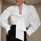 Fall Pure Cotton Shirt Women Bow Bandage Loose Casual Long Sleeves All Matching Women Wear FOREVEREIGHTEEN