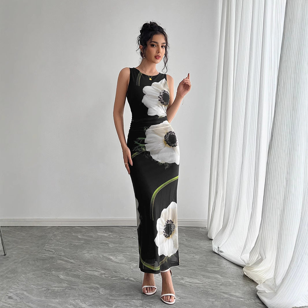 Spring Summer Women Black Mesh Floral Print Sleeveless Maxi Dress Vivish