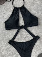 Traje de baño de una pieza para mujer, bikini sexy de color sólido con cuello halter