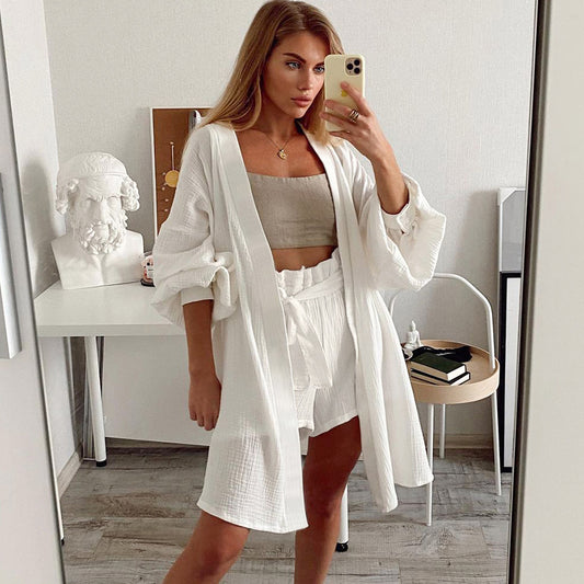 Camisón de algodón puro de otoño, manga larga, pantalones cortos, conjuntos de dos piezas, pijamas, ropa de abrigo suave, ropa de casa para mujer