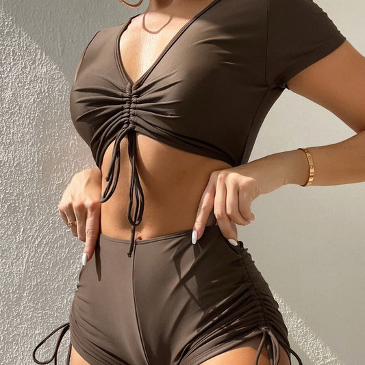 Traje de baño de dos piezas con cuello en V y manga corta con cordón ajustable para mujer, estilo conservador, para playa, primavera