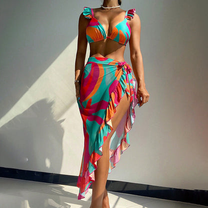 Printed Beach Dress Three Piece Swimsuit Lady Sexy Bikini Spring Swimsuit