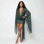 Women Clothing Summer Sexy Mesh Deep V Plunge neck Digital Printing Slim Mini Dress HONEYBADGER