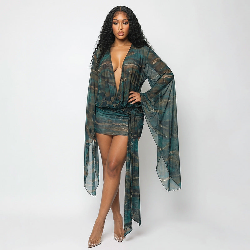 Women Clothing Summer Sexy Mesh Deep V Plunge neck Digital Printing Slim Mini Dress HONEYBADGER