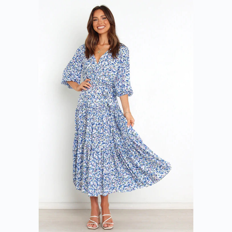 Spring Summer Floral Fresh Sweet Mid-Sleeve V neck Dress XUYUN