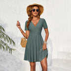 Knitted Embroidered Hollow Out Cutout Cross Collar Elastic Waist A line T shirt Short Dress Women Rogan