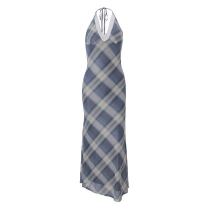 Women Clothing Summer Sexy V neck Lace Plaid Sweet Retro Slim Fit Dress Women