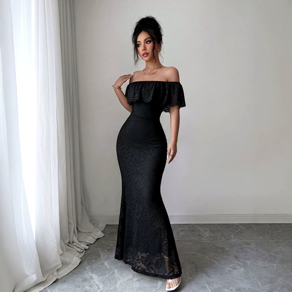 Autumn Elegant off Shoulder Ruffled Lace Patchwork Maxi Dress Vivish