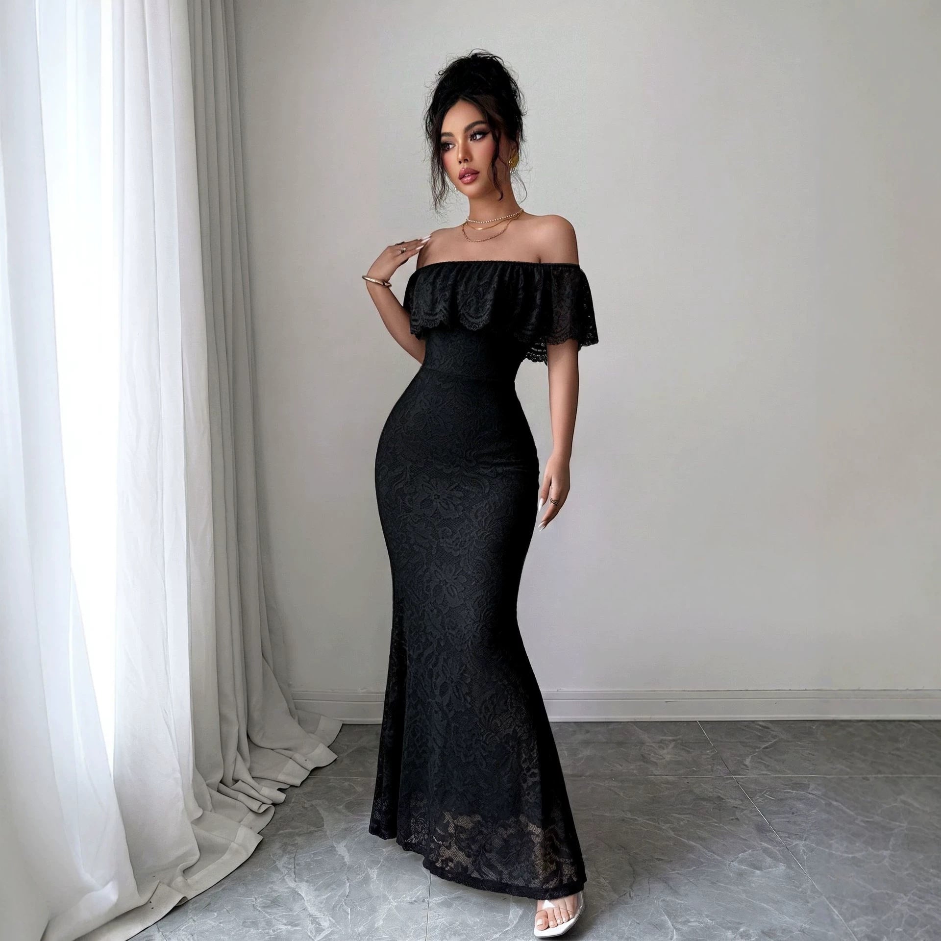 Autumn Elegant off Shoulder Ruffled Lace Patchwork Maxi Dress Vivish