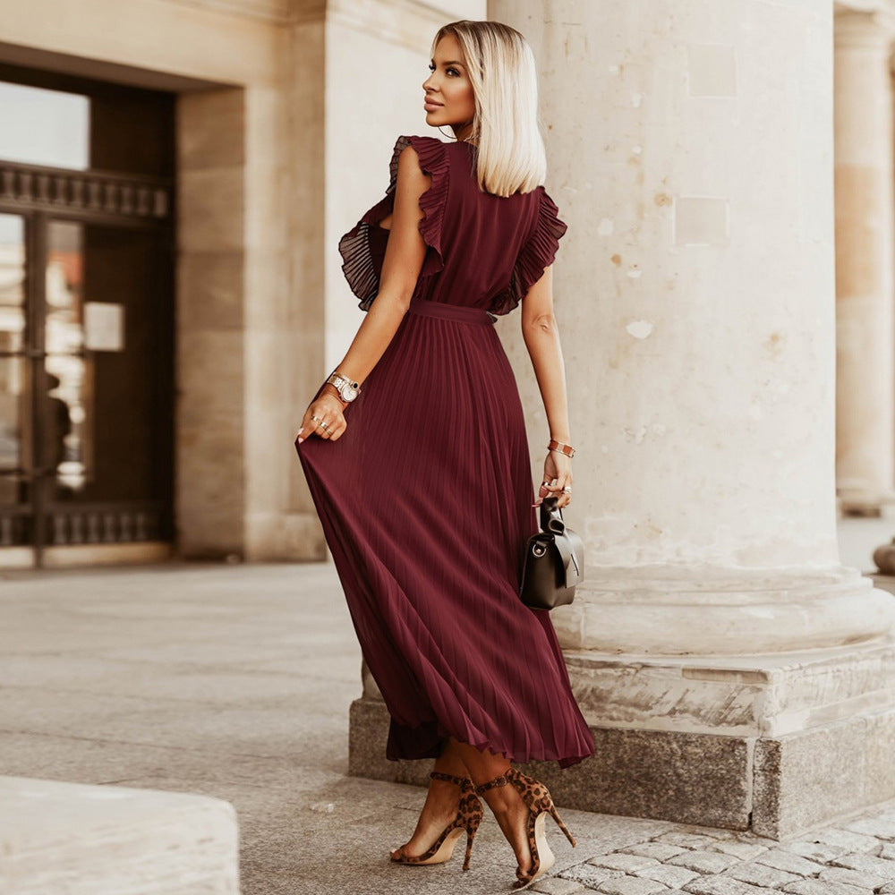 Elegant Beach Dress Fashionable Slim Fit Sexy Ruffle Sleeve Chiffon Pleated Solid Color Dress RUIGGE