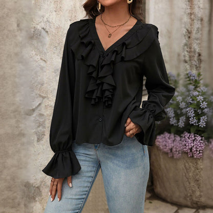 Chemise élégante à col en V et volants pour femme, automne.