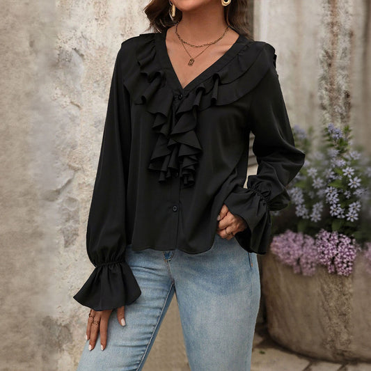 Camisa elegante con volantes y cuello en V para mujer