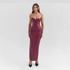 Leather Tube Top Dress Sexy Lace up Slit Sheath Maxi Dress Evening Dress Venly