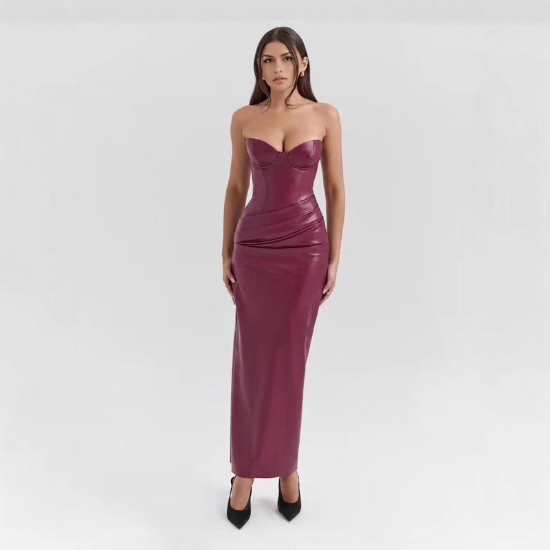 Leather Tube Top Dress Sexy Lace up Slit Sheath Maxi Dress Evening Dress Venly