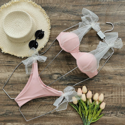 Traje de baño de malla de color sólido con tirantes divididos para mujer, bikini sexy fresco sin espalda