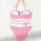 Split Swimsuit Women Hollow Out Cutout Sexy Bikini Triangle Two Piece Set Lace up Solid Color Chimie