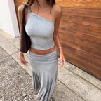Women Solid Color Shoulder Sleeveless Cropped Small Tank Top Top High Waist Ruched Skirt Two Piece Set Flash Vision