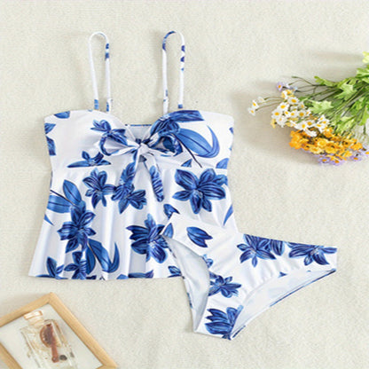 Traje de baño estampado con tirantes divididos para mujer, elegante conjunto de bikini de playa de dos piezas