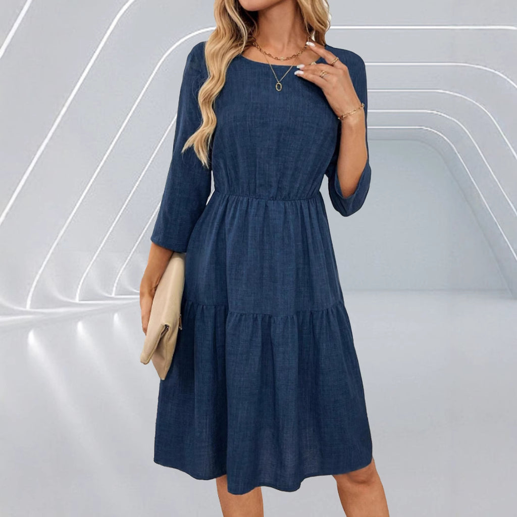 Spring Summer Women Tight Waist 3/4 Sleeve round Neck Dress AIYOYA