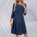 Spring Summer Women Tight Waist 3/4 Sleeve round Neck Dress AIYOYA