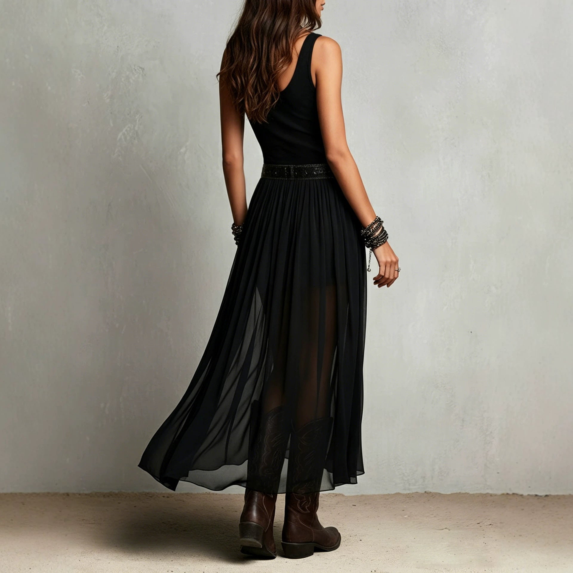 Wind Black Cami Dress Women Summer Mesh Dress High Waist Irregular Asymmetric Swing Slimming Dress Rogan