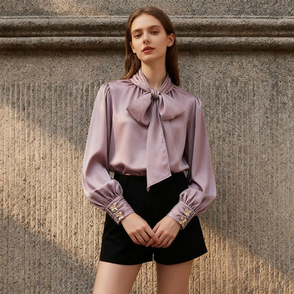 Camisa con cordones de alta calidad intelectual francesa, camisa de otoño para mujeres que combina con todo.
