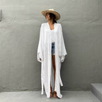 Rayon Cardigan with Belt Beach Cover up Sexy Cardigan Long Sleeve Vacation Beach Cover Up FlowWhite