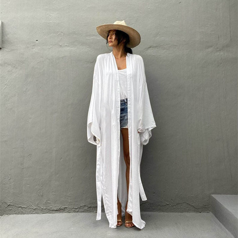 Rayon Cardigan with Belt Beach Cover up Sexy Cardigan Long Sleeve Vacation Beach Cover Up FlowWhite