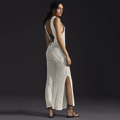 Knitted Beach Cover-up Sexy Hollow Out Cutout Split Vacation Skirt Dress Bikini Cover