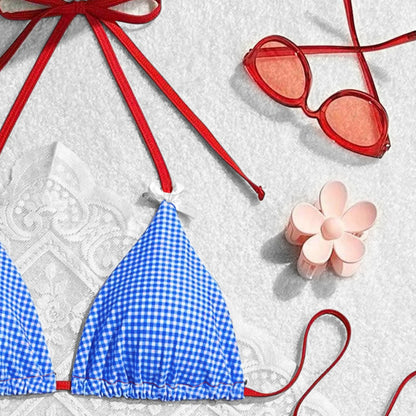 Traje de baño de verano con lazo floral a cuadros para mujer, bikini dividido para vacaciones
